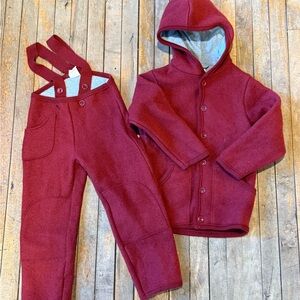 Disana Siskin Kids Boiled Wool Burgundy Coat and Overall Pants Set 5/6